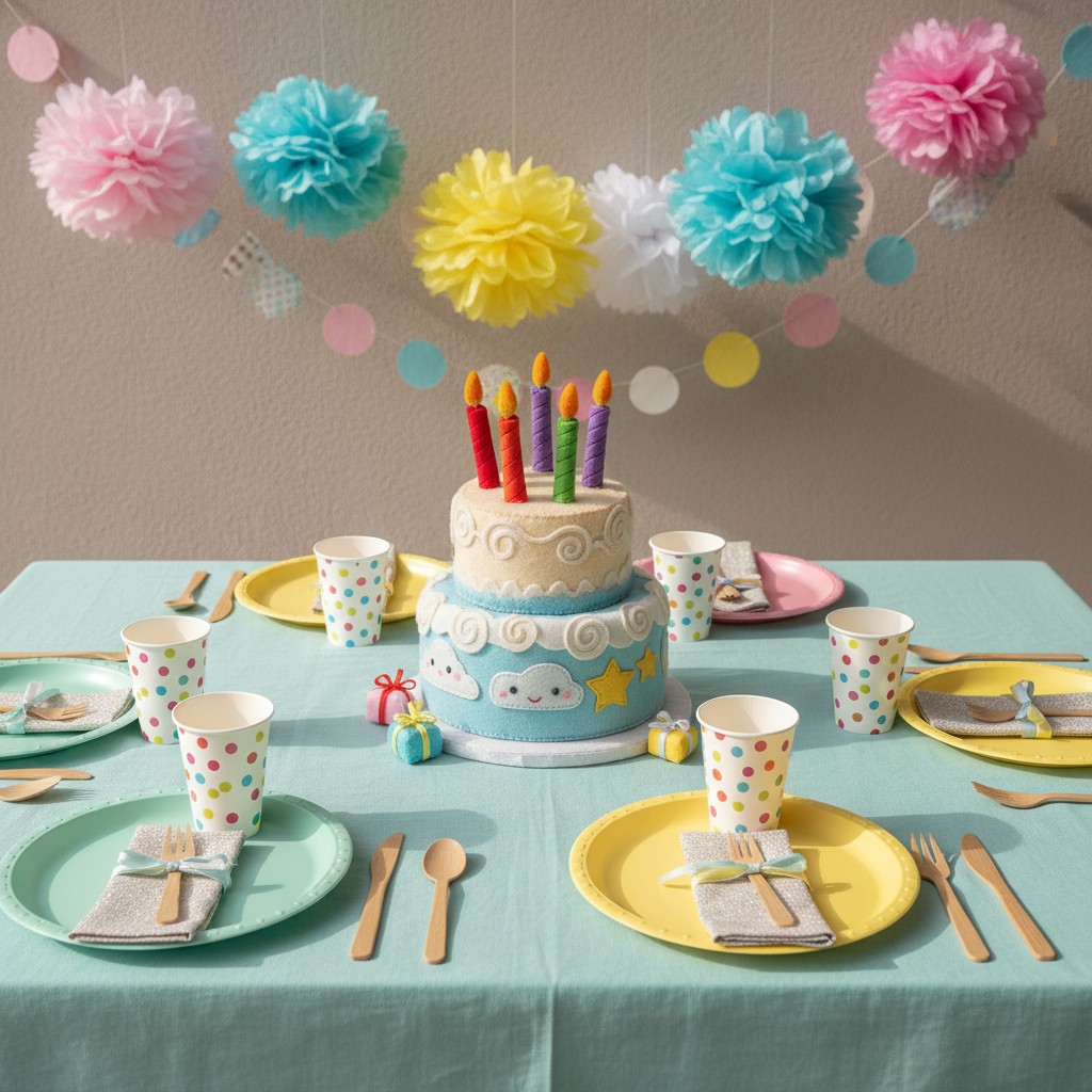 A table set with a birthday cake and colorful plates and cups,along with string decorated with colorful pompoms and decora...