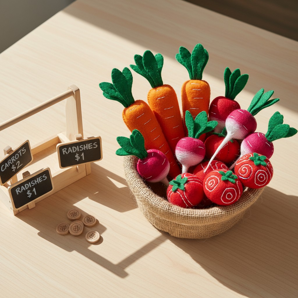 A toy basket filled with felt carrots and radishes, alongside a sign indicating prices for the produce.