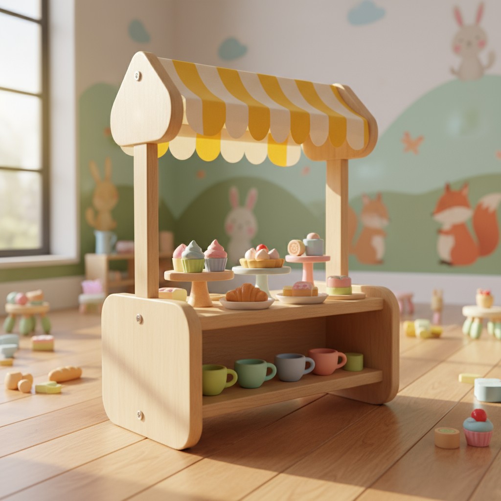 A play stand set designed to appear as a miniature shop, featuring light-colored wood, a yellow and white striped awning, ...